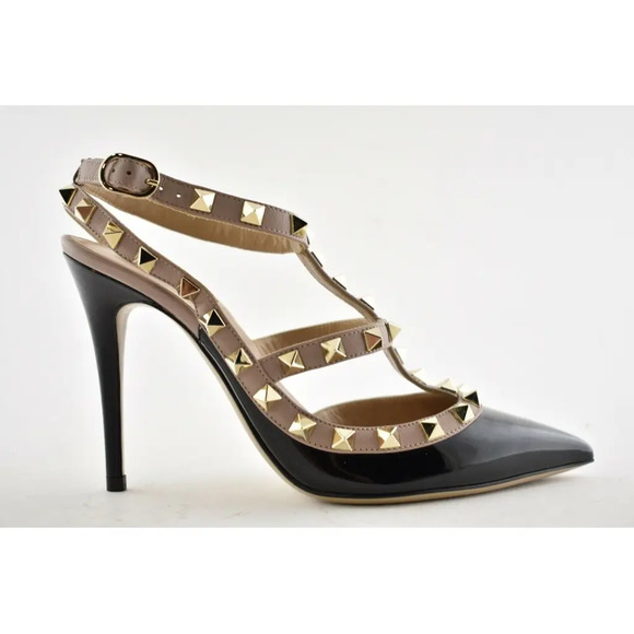 Valentino Rockstud Black Patent Poudre Nude Ankle T Strap Classic Heel Pump 41.5 - Picture 2 of 12
